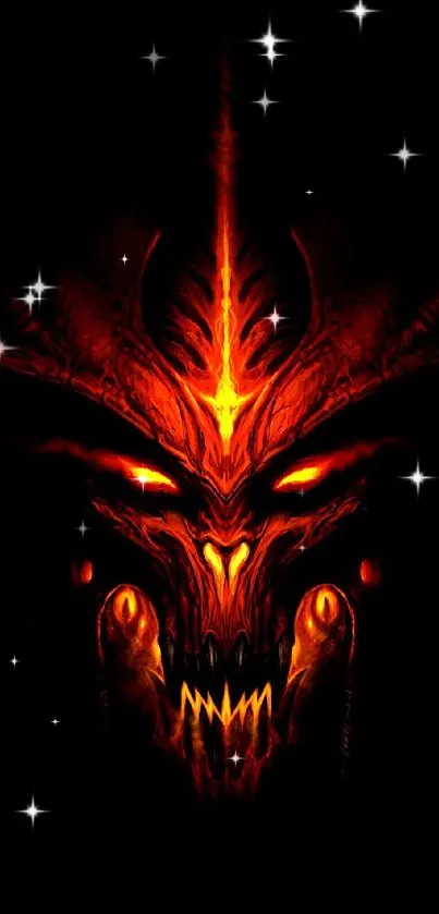 Fiery demon face with glowing eyes on black background wallpaper.