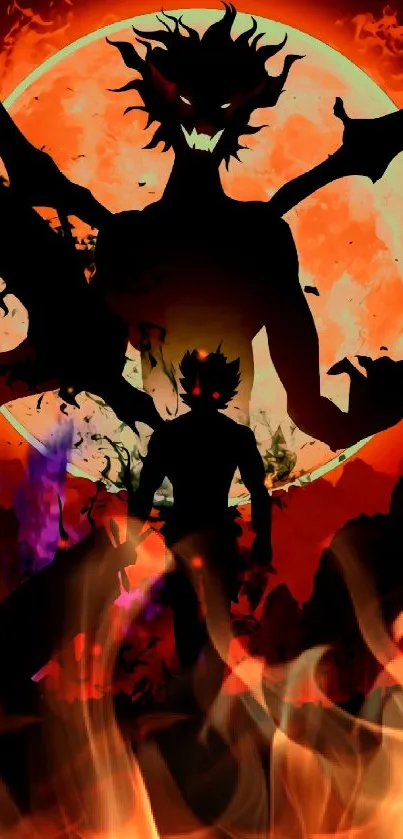 Silhouette of a demon against a fiery red background in anime style.