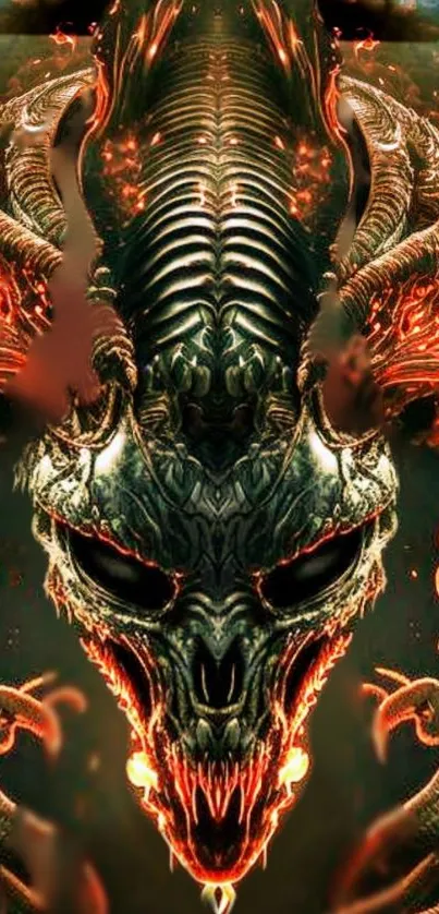 Fiery demon skull wallpaper with red and black details for a gothic mobile background.