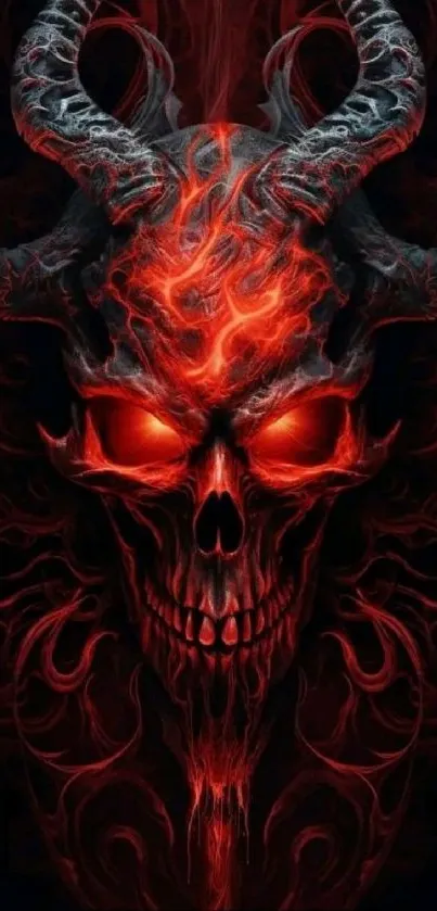 Fiery demon skull with glowing red eyes.