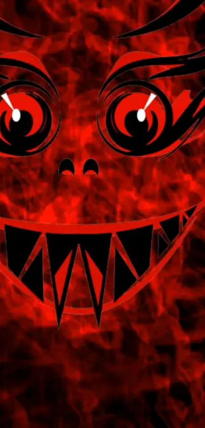 Fiery demon face with sharp teeth and intense eyes on a red background.