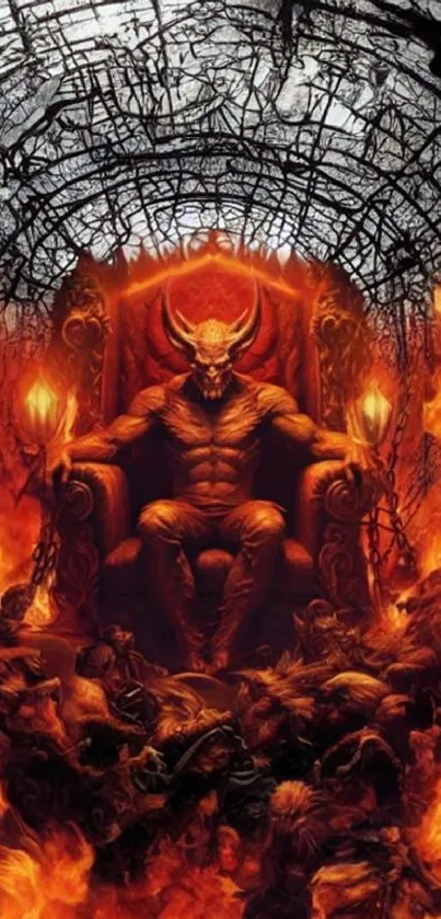 Demonic figure on fiery throne with flames surrounding.