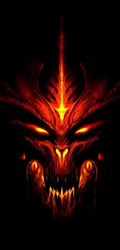 Fiery demon face with glowing eyes in dark wallpaper.