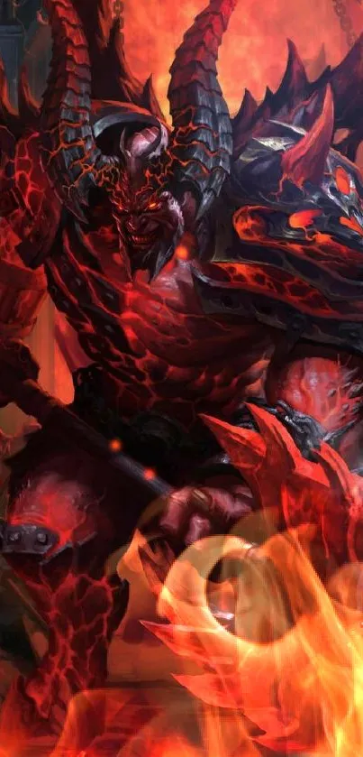 Fiery demon warrior mobile wallpaper with vibrant colors.