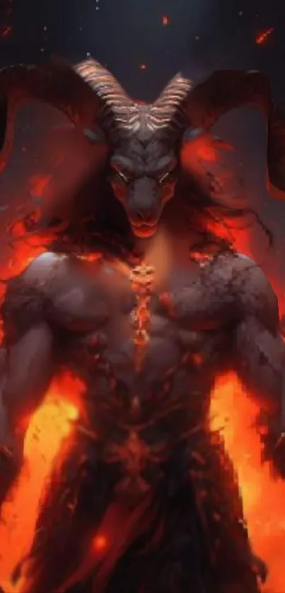 Fiery demon warrior in flames with horns and dark armor.