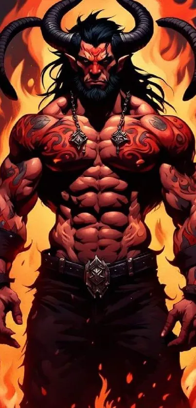 Fiery demon warrior with flames engulfing his muscular form.