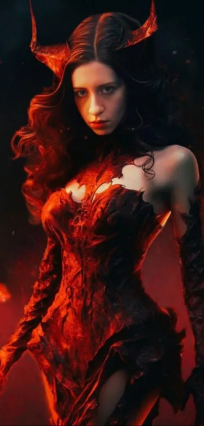 Fantasy demon woman in fiery red outfit on dark background.