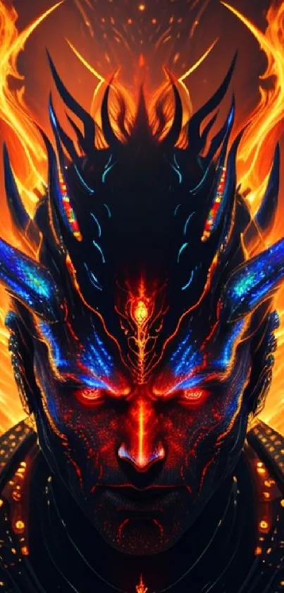 Fiery demonic face with blue horns and flames on a dark background.