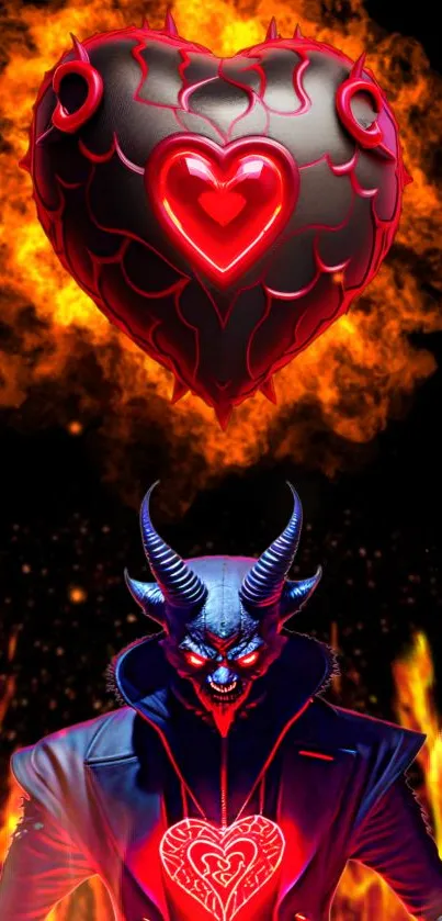 Fiery demon with glowing heart art wallpaper.