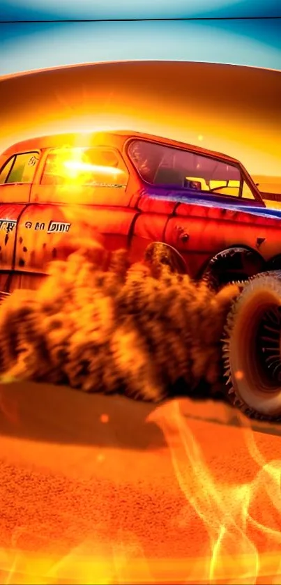 Race car speeds through fiery desert with flames and dust.