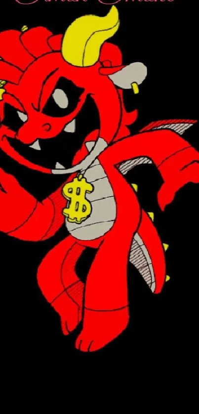 Vibrant red devil cartoon with yellow horns on black background.