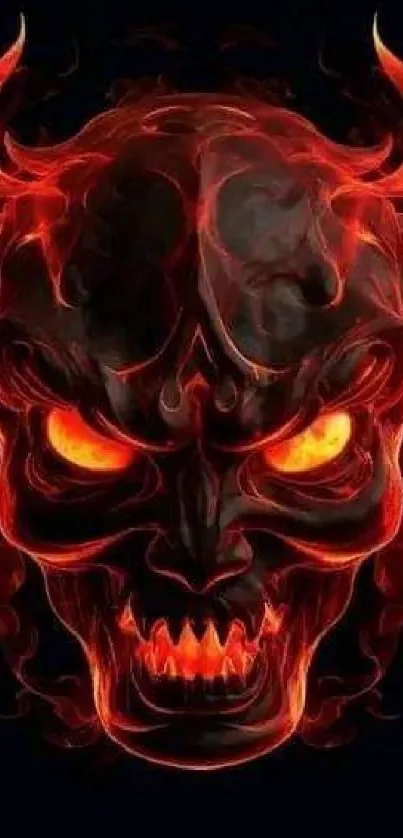 Fiery devil face with red flames on a dark background.