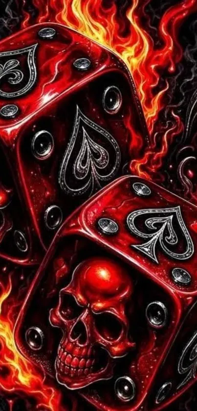Fiery red dice with skulls and flames design.