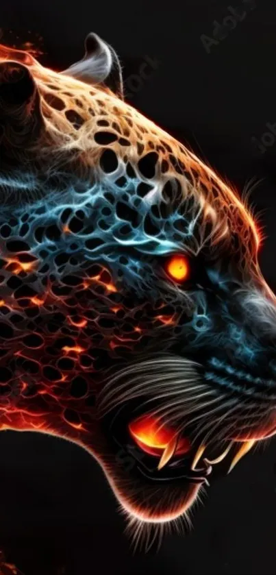 Dynamic digital leopard art with fiery glow.