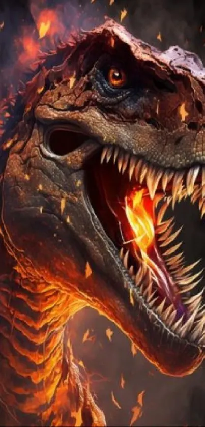 Fiery T-Rex roaring in vibrant flames on a mobile wallpaper.