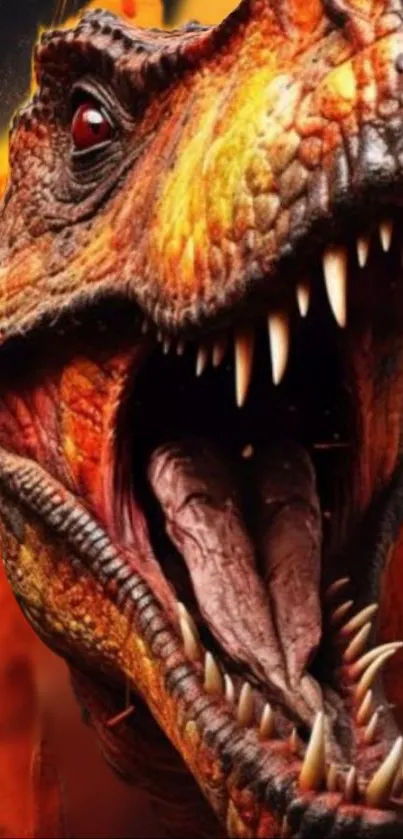 Fiery dinosaur roars with intensity in vibrant mobile wallpaper.