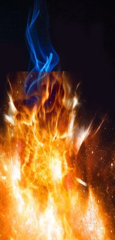 Fiery mobile wallpaper with vibrant orange flames and blue highlights.