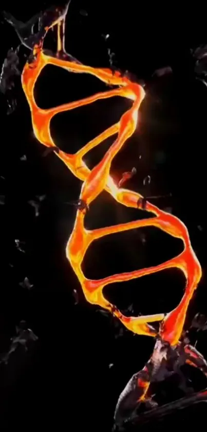 Fiery DNA structure on dark background.