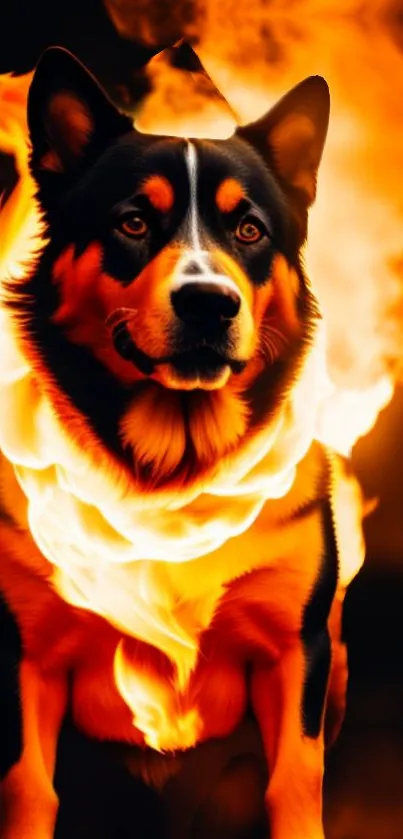 Artistic wallpaper of a dog surrounded by flames.