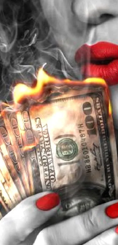 Burning dollar bills with red lips and nails in striking artwork.