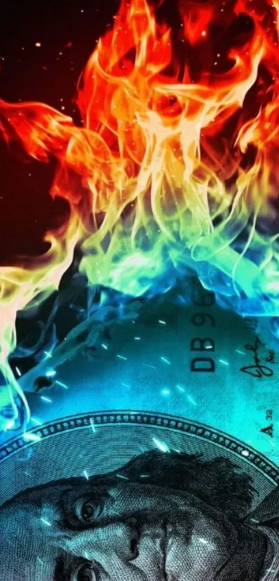 Flaming dollar bill vibrant wallpaper art.