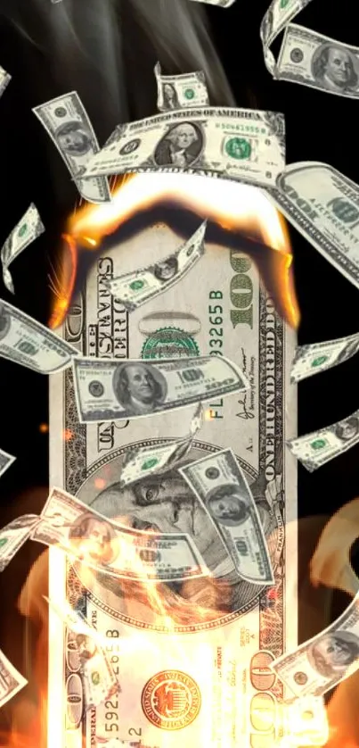 Burning dollar bills with fiery effects, creating a dynamic mobile wallpaper.