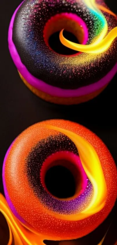 Artistic vibrant donuts with flames wallpaper.