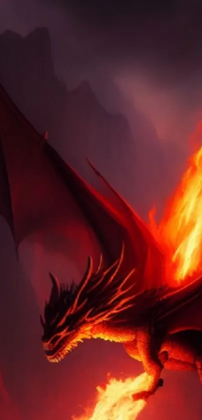 Fiery dragon soaring over dark mountainous landscape.