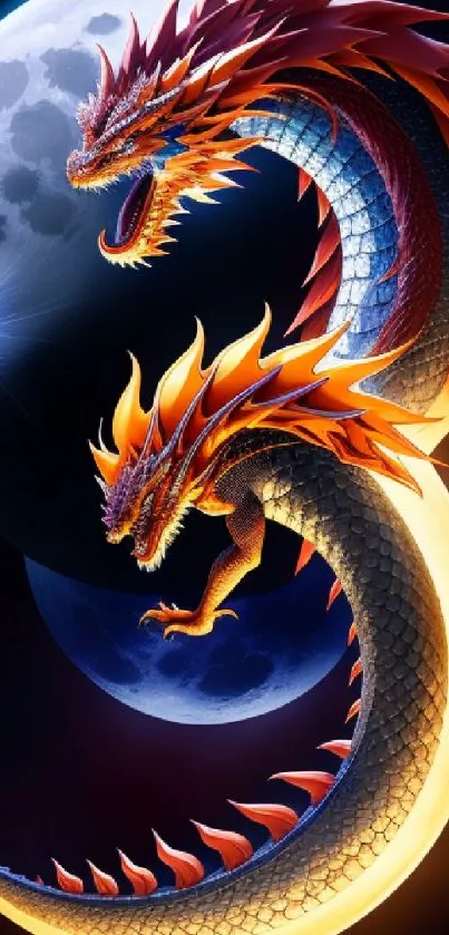 Dynamic artwork of a fiery dragon coiling around a moonlit night sky.