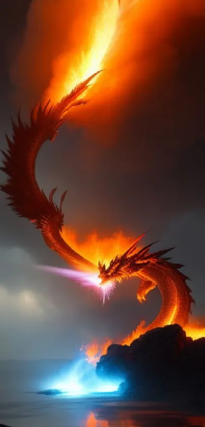 Fiery dragon soaring over a mystical, colorful landscape with dramatic skies.