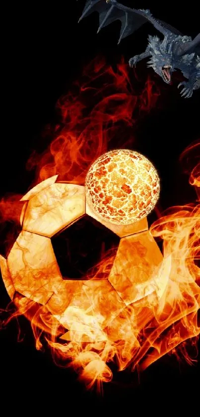 Dragon and fiery soccer ball, black background.