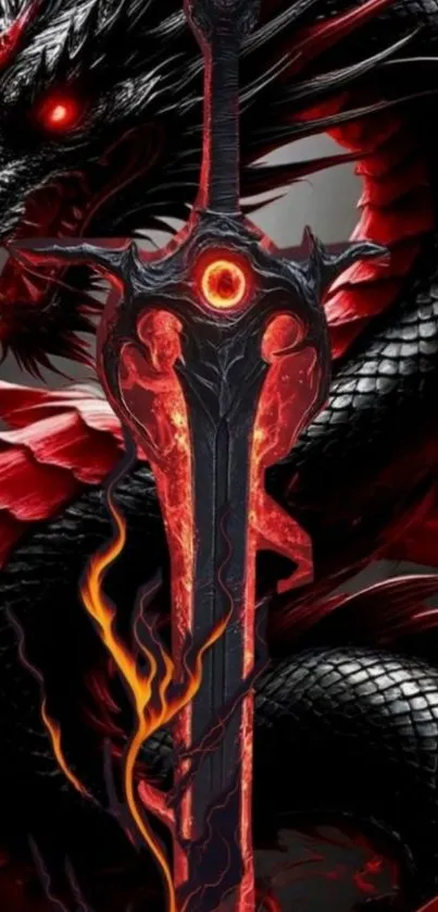 Fiery dragon intertwined with a flaming sword on a fantasy themed wallpaper.