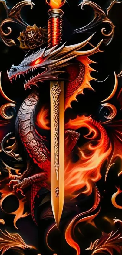 Epic dragon entwined with a sword on fire.