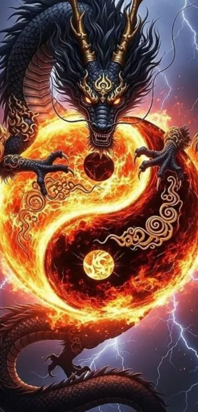 Fiery dragon encircling a blazing yin yang symbol.
