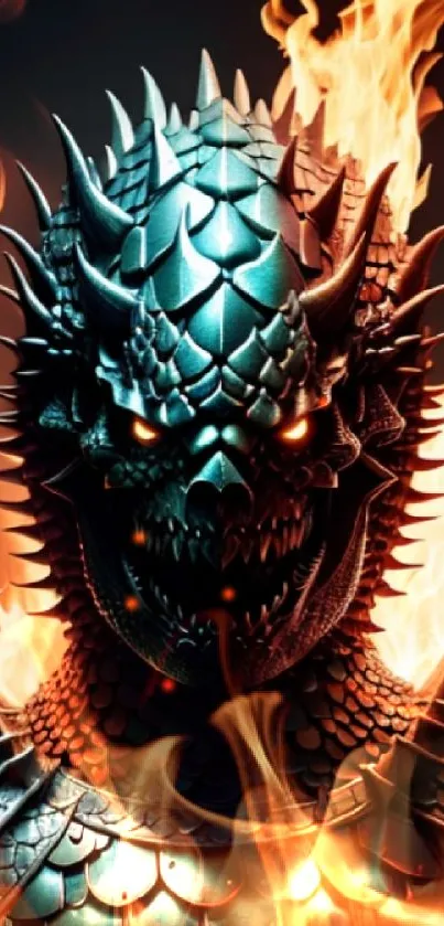 Fiery dragon in detailed armor with flames in the background.