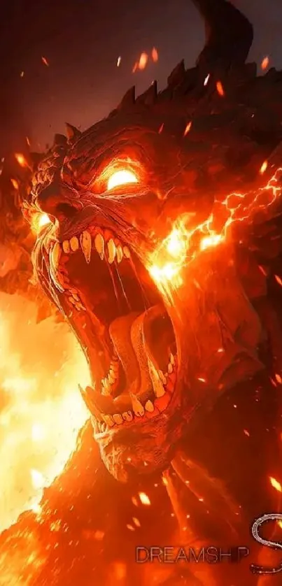 Fiery dragon surrounded by flames in dynamic artwork.