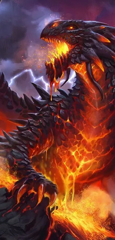 Vibrant illustration of a fierce dragon surrounded by flames and lava.