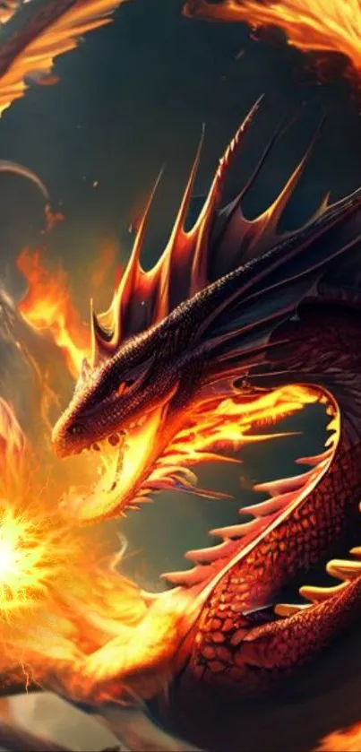 Fiery dragon with glowing flames art wallpaper for mobile display.