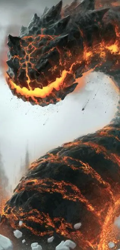 Fiery dragon with lava pattern in fantasy landscape.