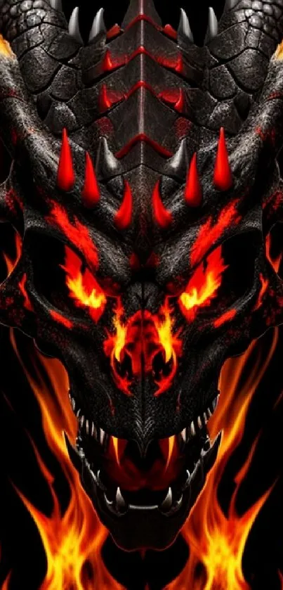 Fierce dragon with red eyes surrounded by flames on a dark background.