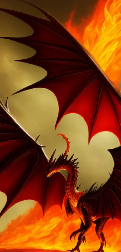 A fierce dragon with fiery wings in a vibrant red and orange digital art scene.