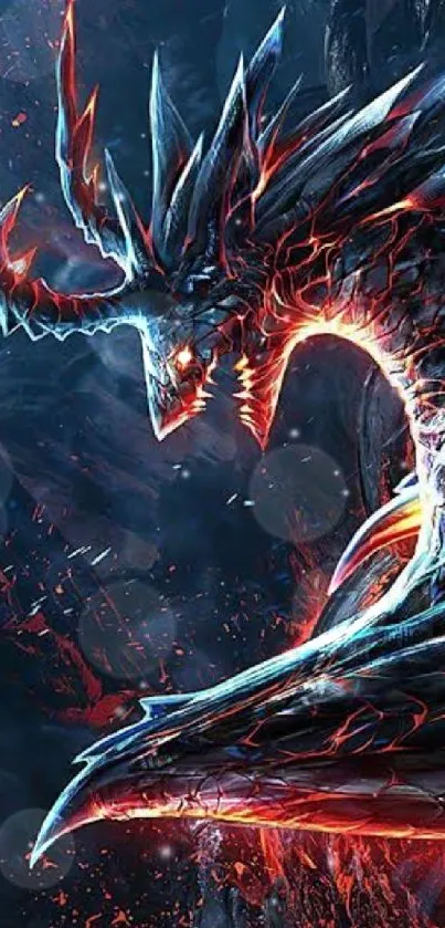 Fiery dragon in a dynamic pose with red and blue flames on a dark background.