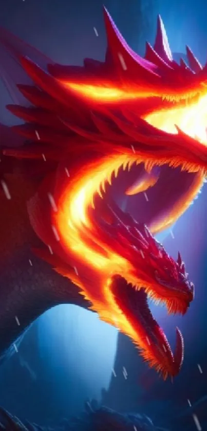 Fiery dragon with glowing eyes and scales on a dark background.