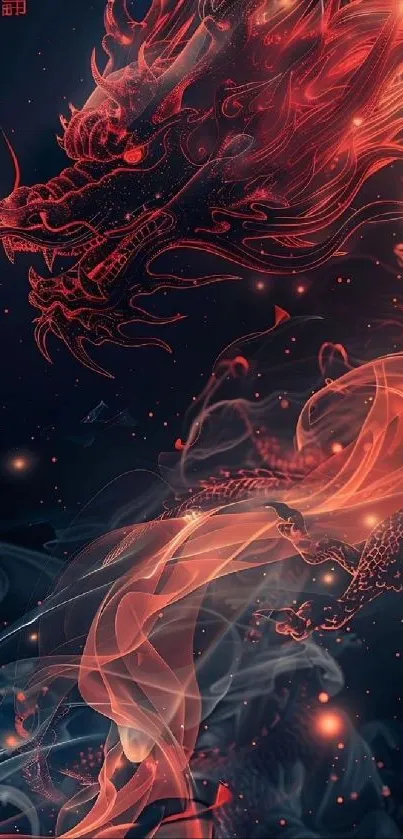 Fiery dragon with smoke and flames in dark themed wallpaper.