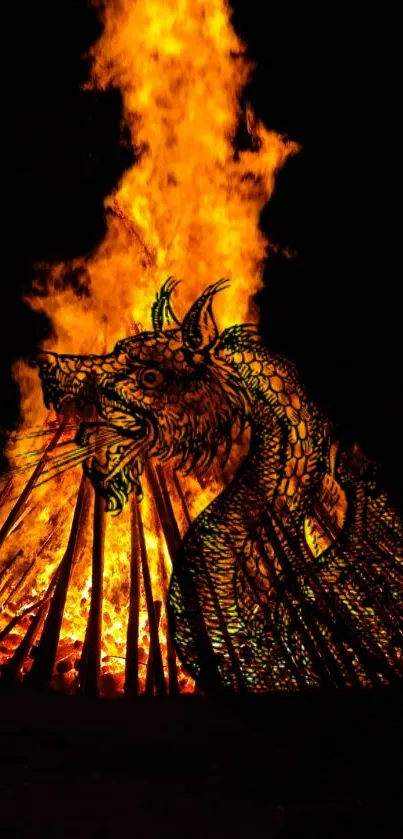 Dragon silhouette in front of a vivid orange bonfire.