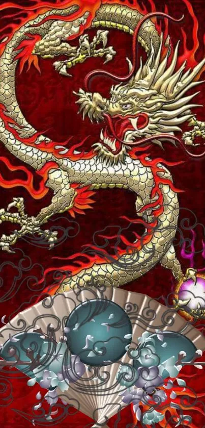 Intricate gold dragon on vibrant red background for mobile wallpaper.