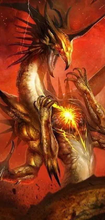 Epic dragon in fiery battle scene on mobile wallpaper.