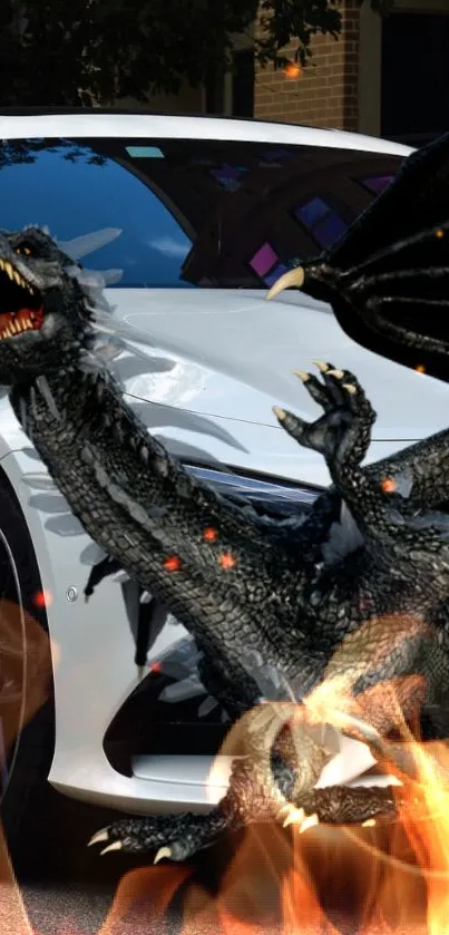 Fantasy dragon breathing fire over car wallpaper.