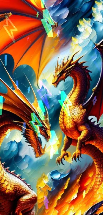 Fiery dragons in epic battle with vibrant colors.