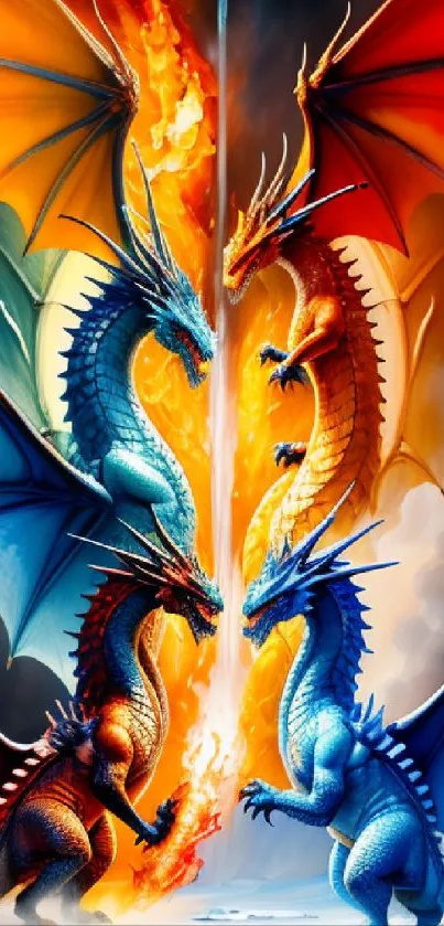 Fiery dragon battle with blue and orange hues in fantasy artwork.